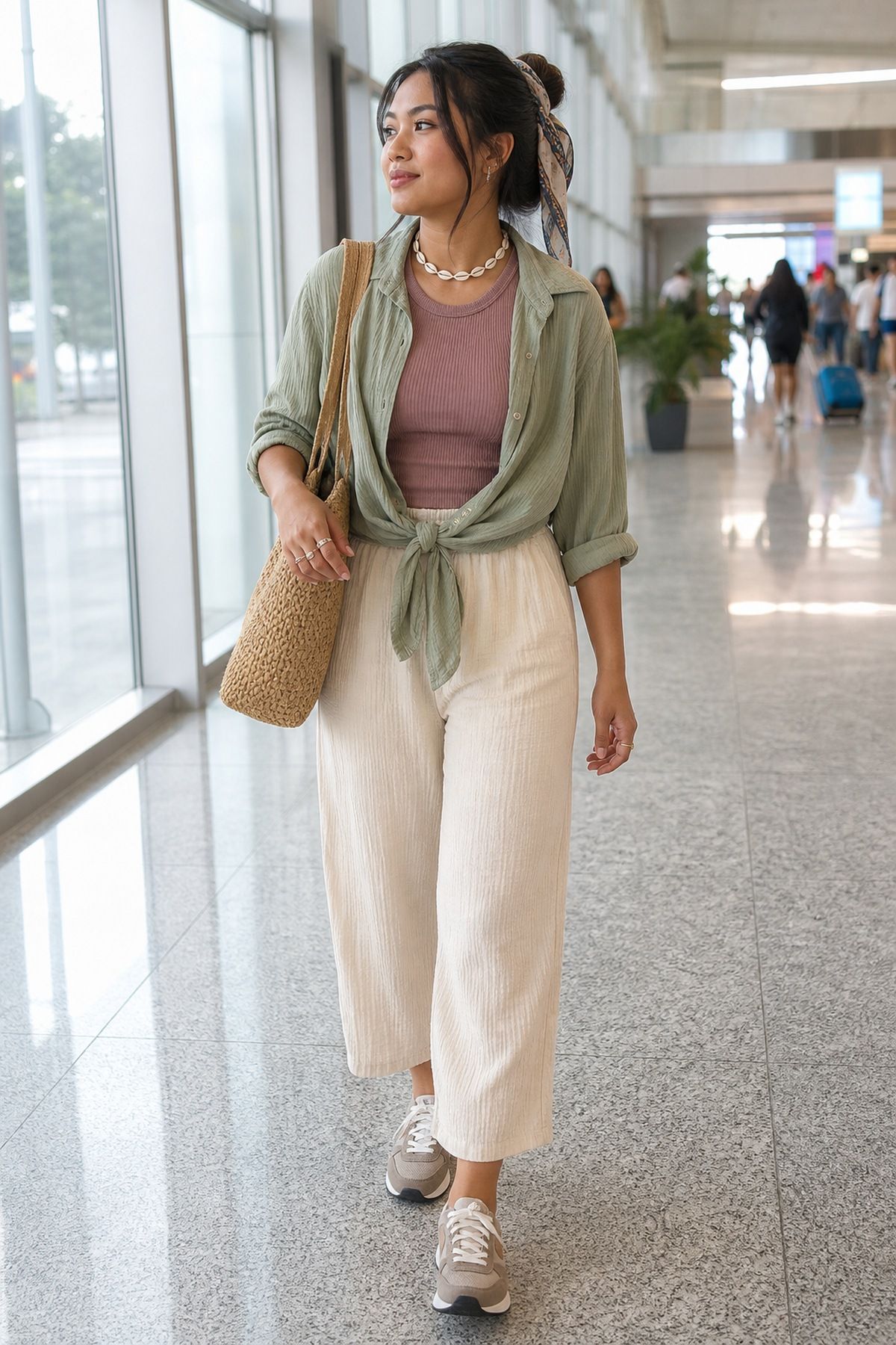 Woman wearing gauze pants with a ribbed tee, a summer airport outfit