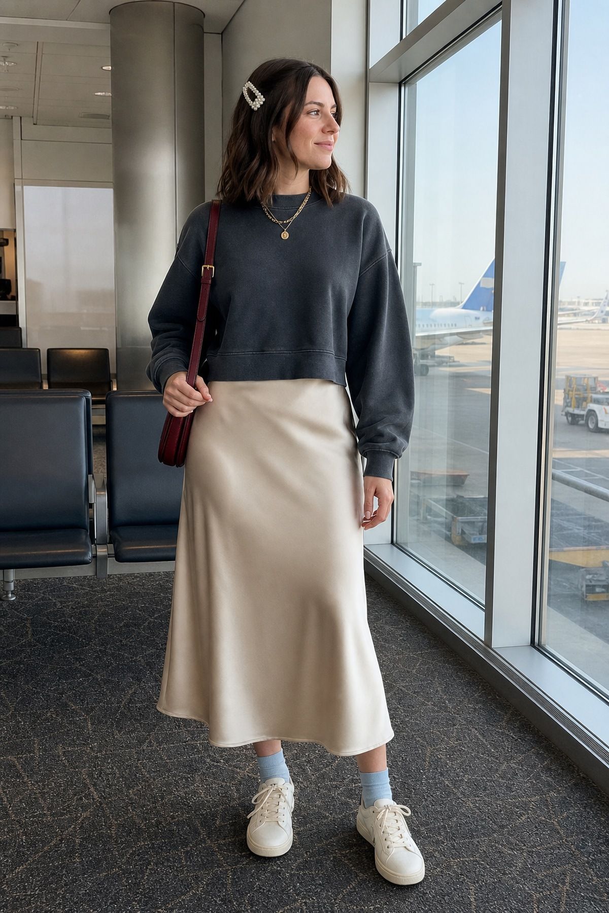 Woman wearing a slip skirt with a sweatshirt, a summer airport outfit