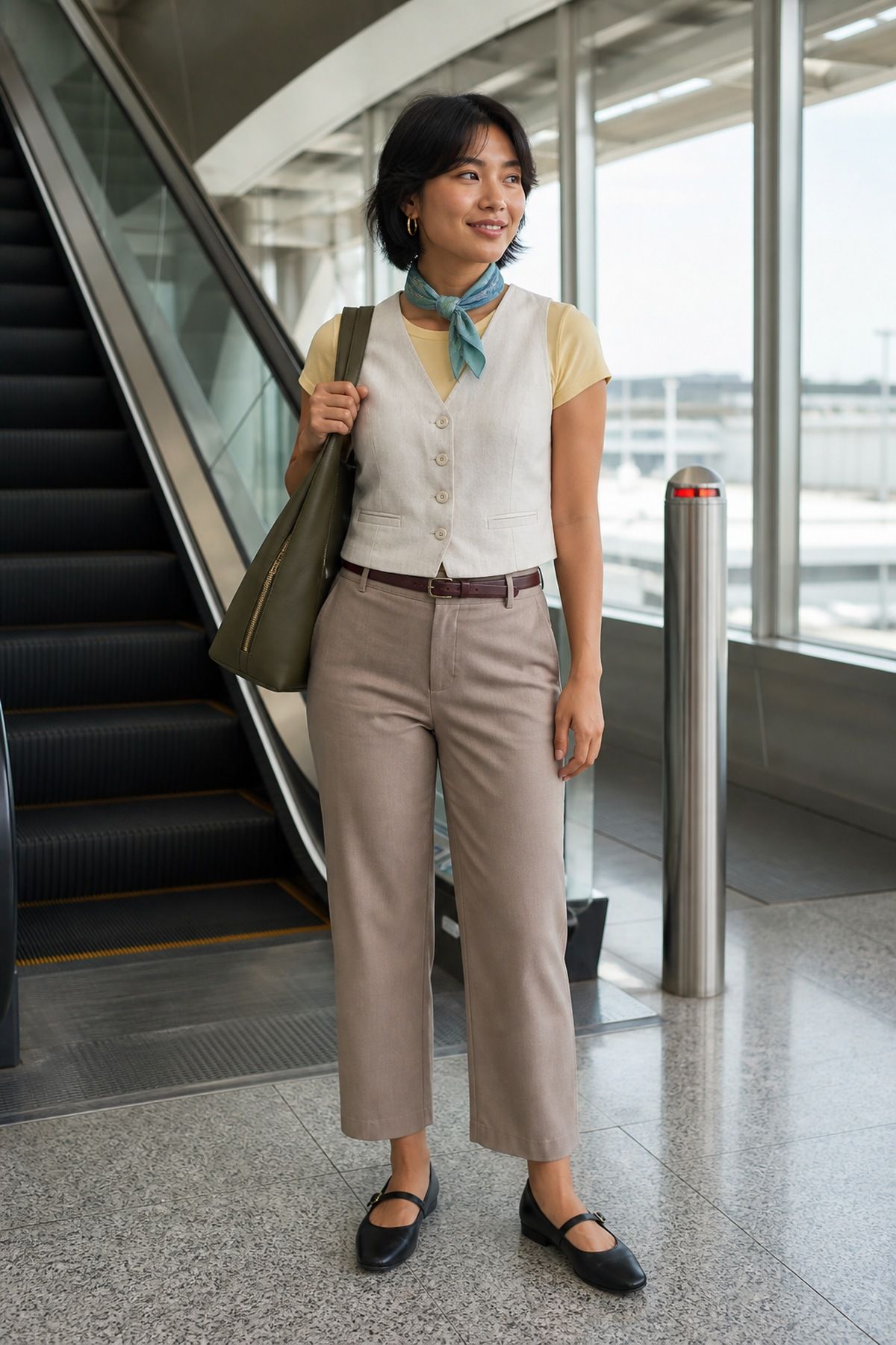 Woman wearing pull-on pants with a vest, a summer airport outfit