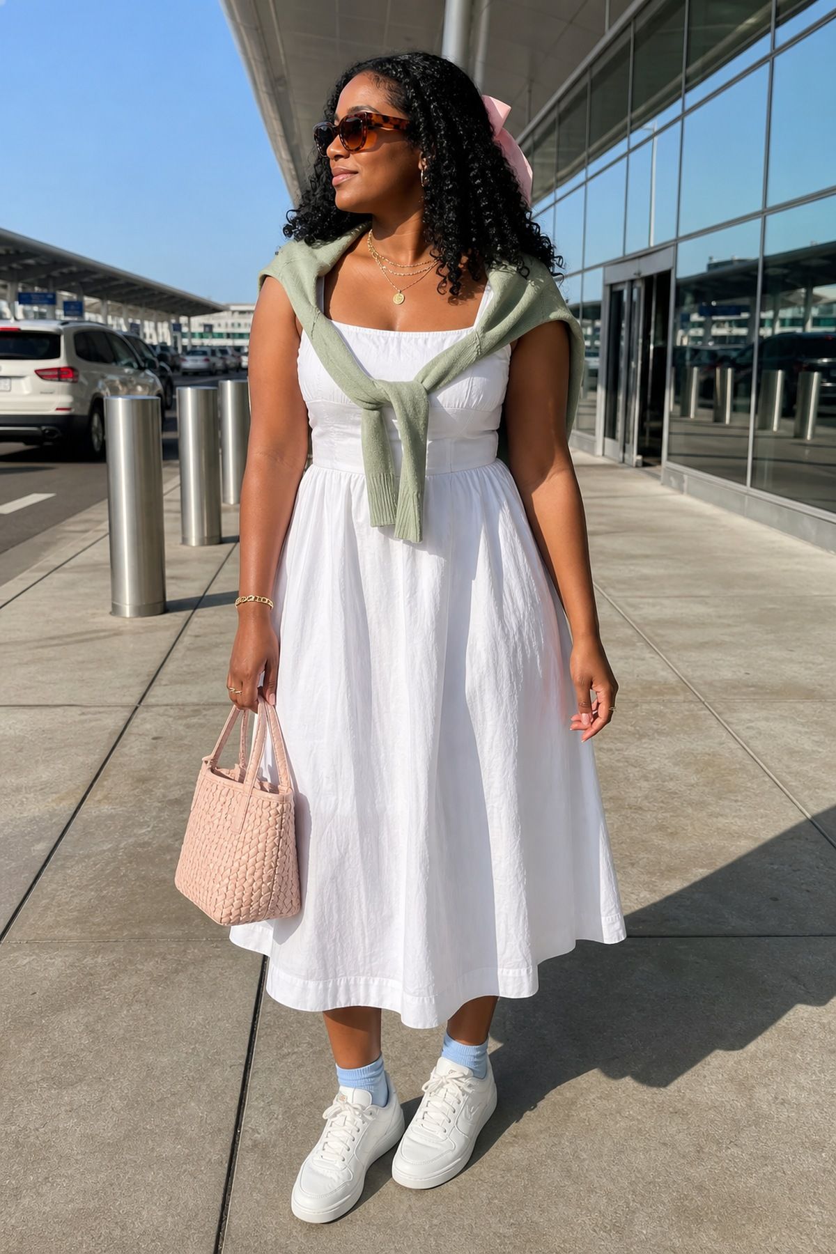 Woman wearing a cotton dress with sneakers, a summer airport outfit