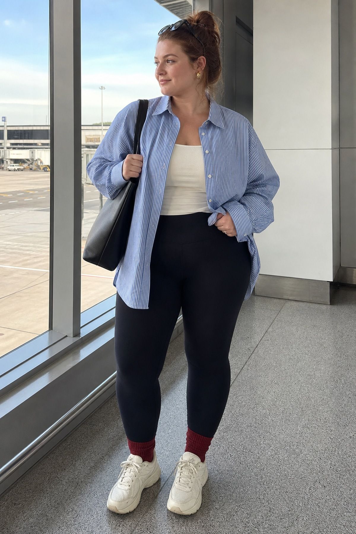 Woman wearing leggings with an oversized shirt, a summer airport outfit