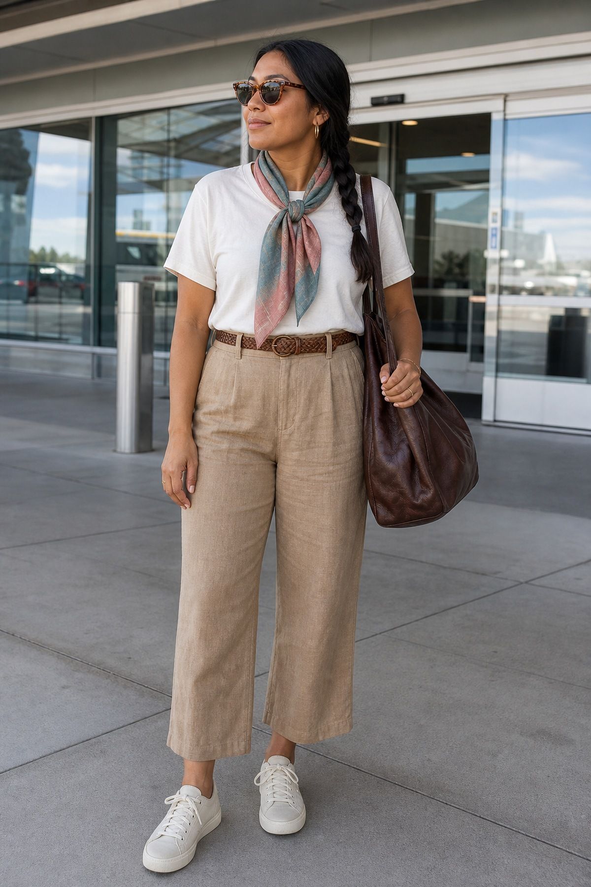 Woman wearing a tee with linen trousers and a scarf, a summer airport outfit