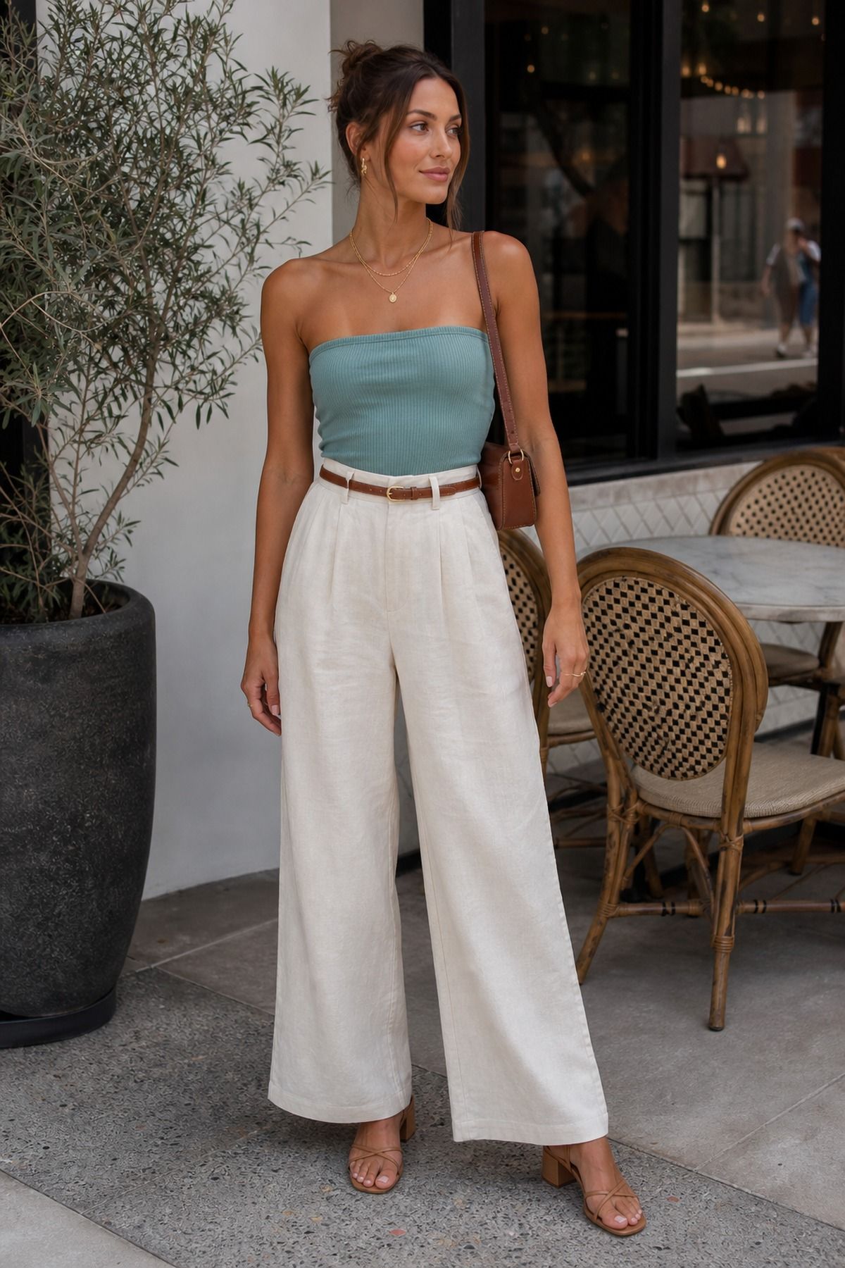 Woman wearing linen pants with a tube top, a summer brunch outfit