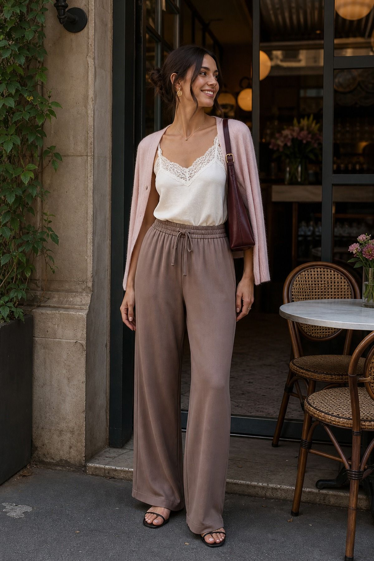 Woman wearing soft trousers with a lace tank, a summer brunch outfit