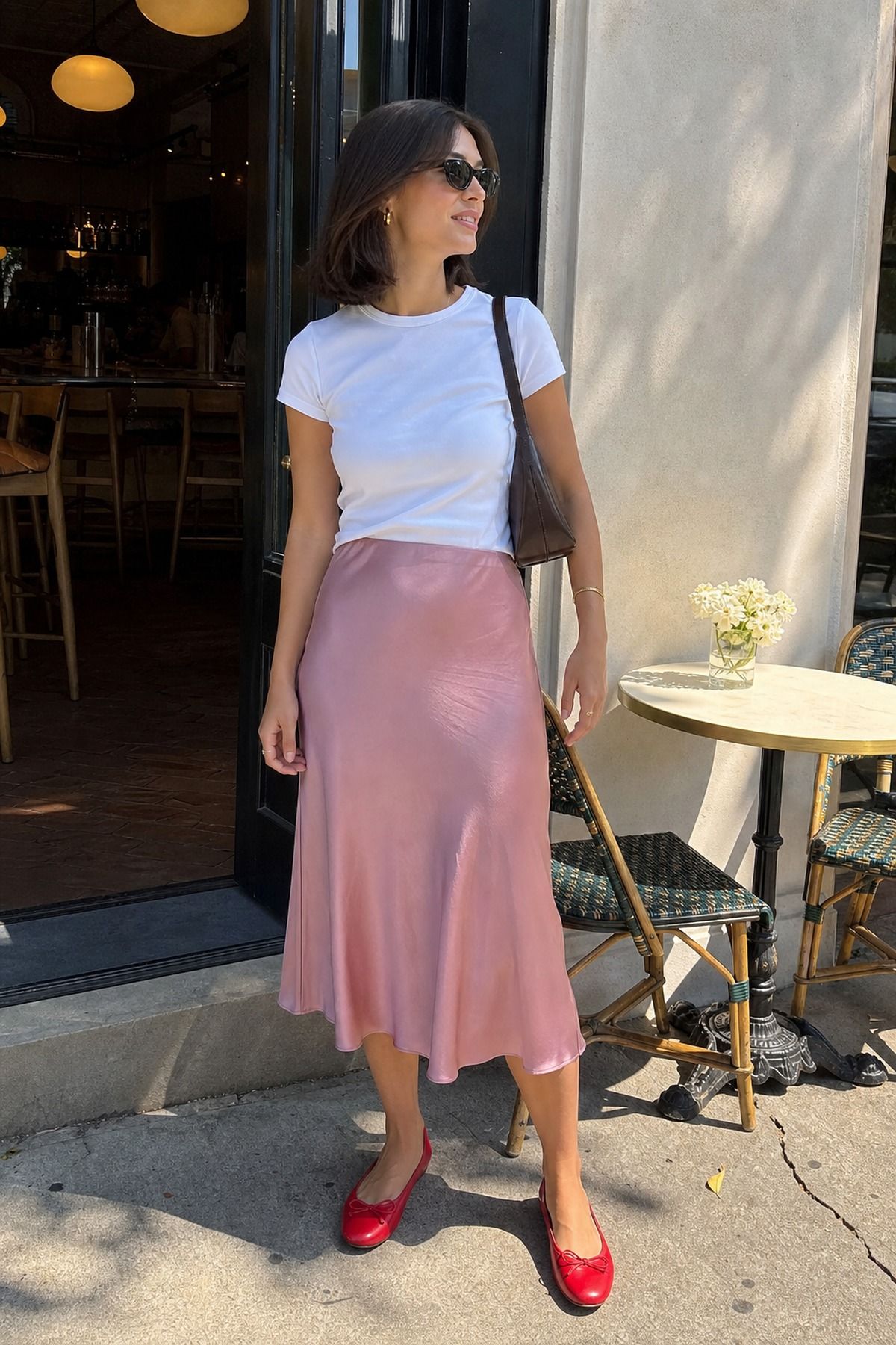Woman wearing a slip skirt with a cotton tee, a summer brunch outfit