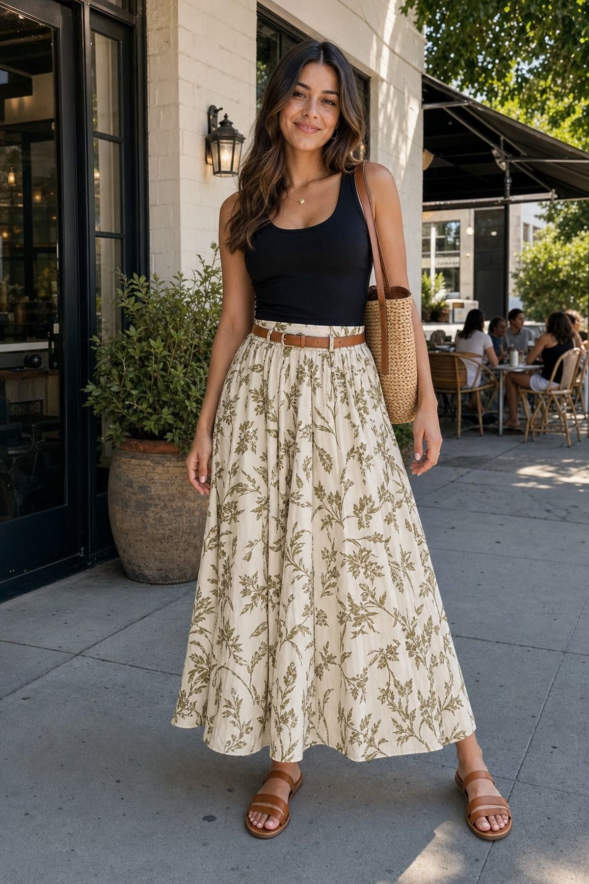 Woman wearing a maxi skirt with a tank, a summer brunch outfit