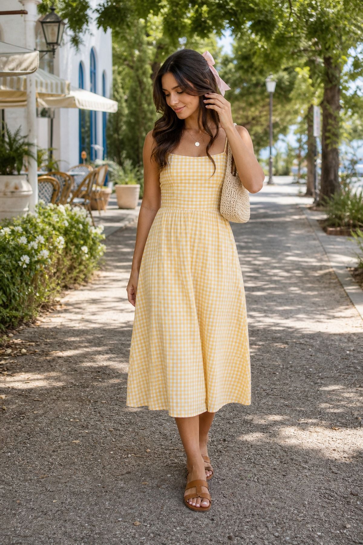 Woman wearing a gingham dress with flat sandals, a summer casual outfit