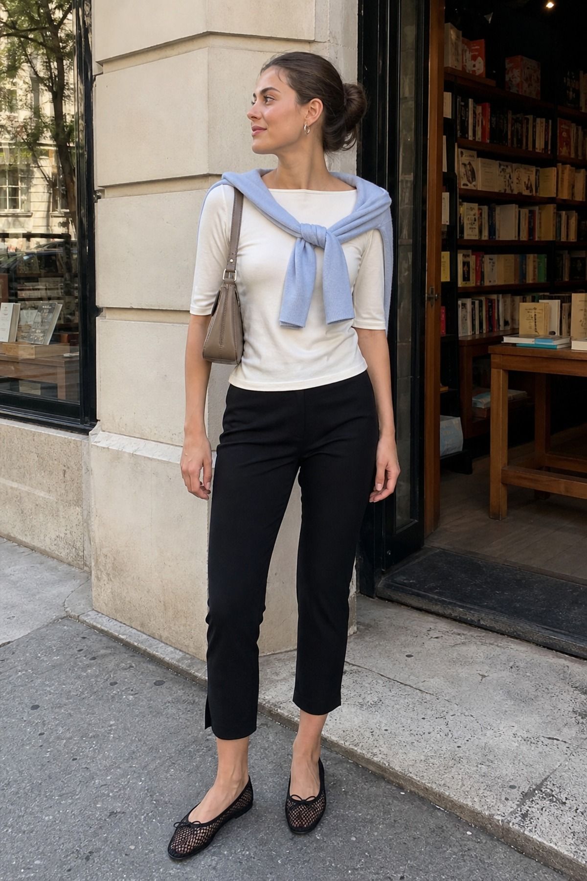 Woman wearing capri pants with a boatneck tee, a summer casual outfit