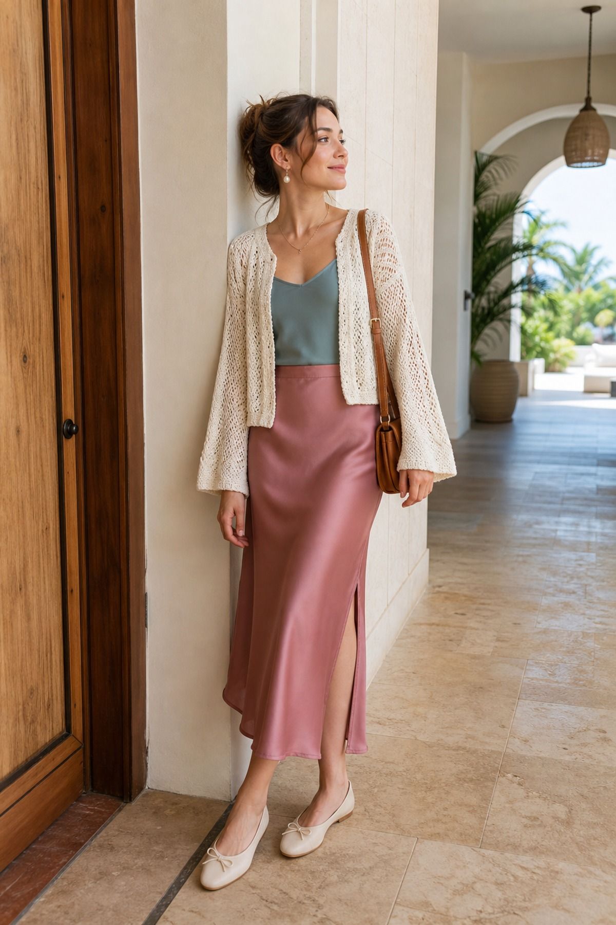 Woman wearing a crochet cardigan with a slip skirt, a summer casual outfit