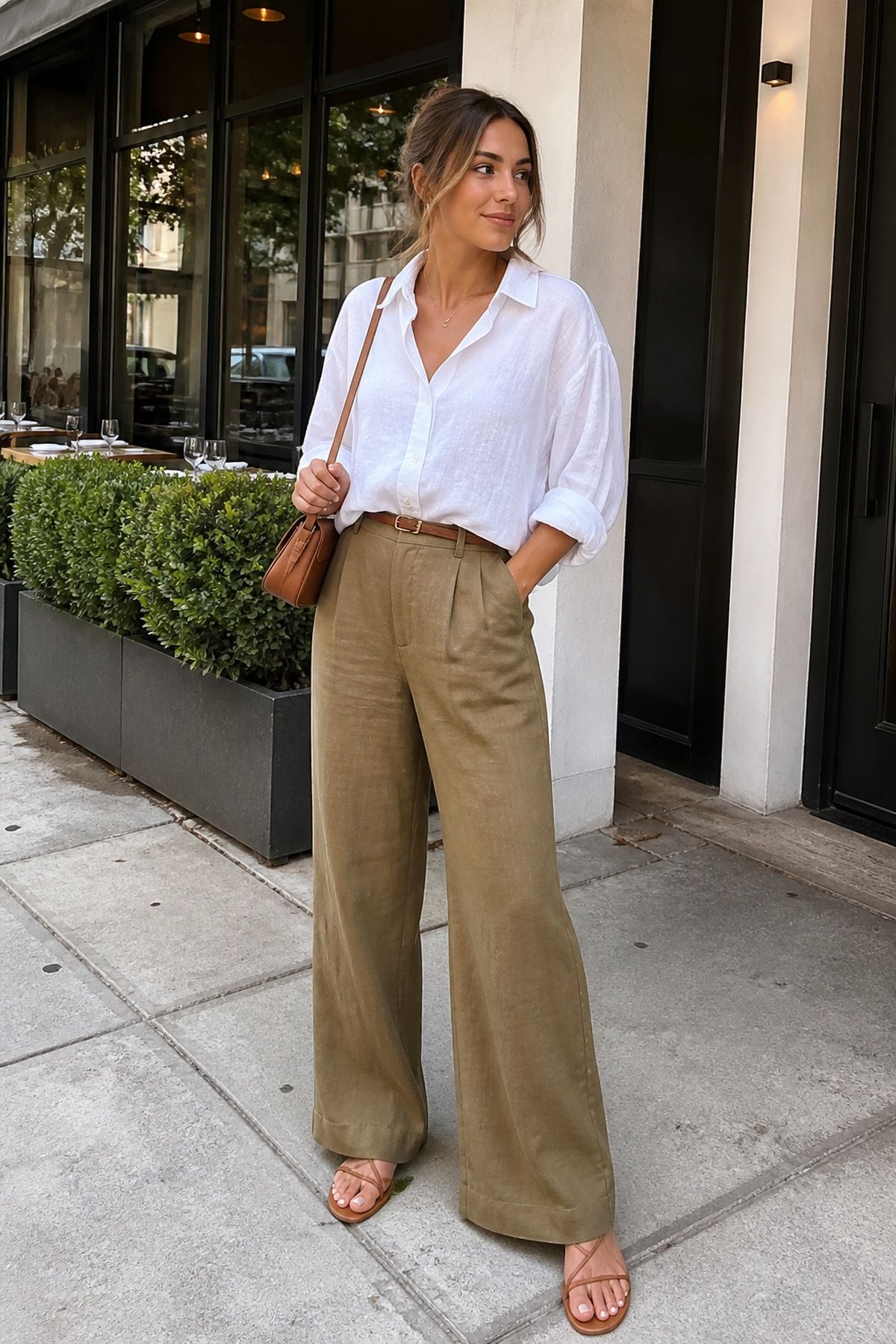 Woman wearing a linen shirt with wide-leg pants, a summer date night outfit
