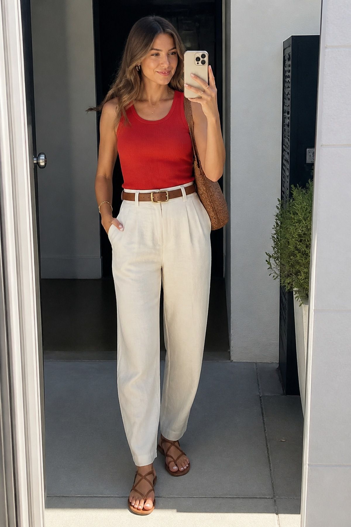 Woman wearing a tank with linen pants, a summer date night outfit