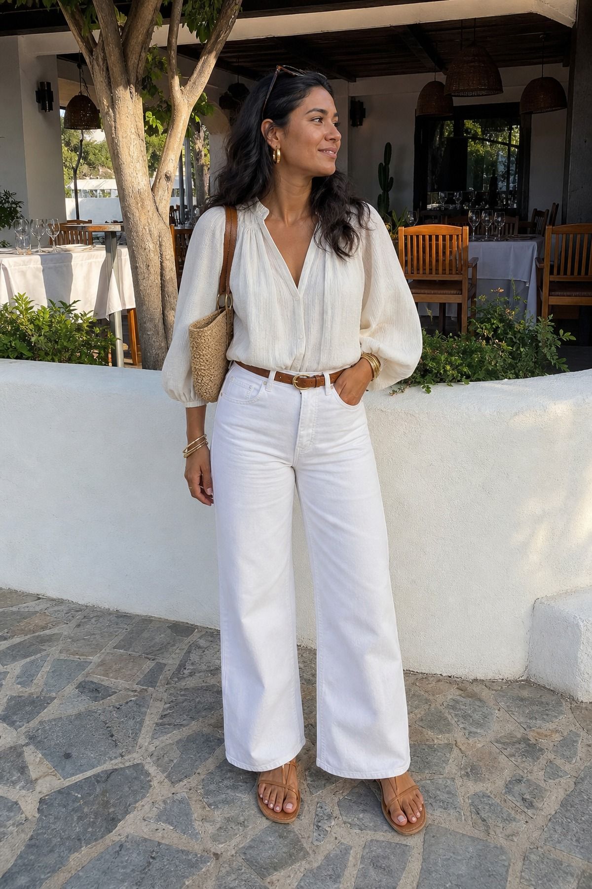 Woman wearing white jeans with a billowy top, a summer dinner outfit