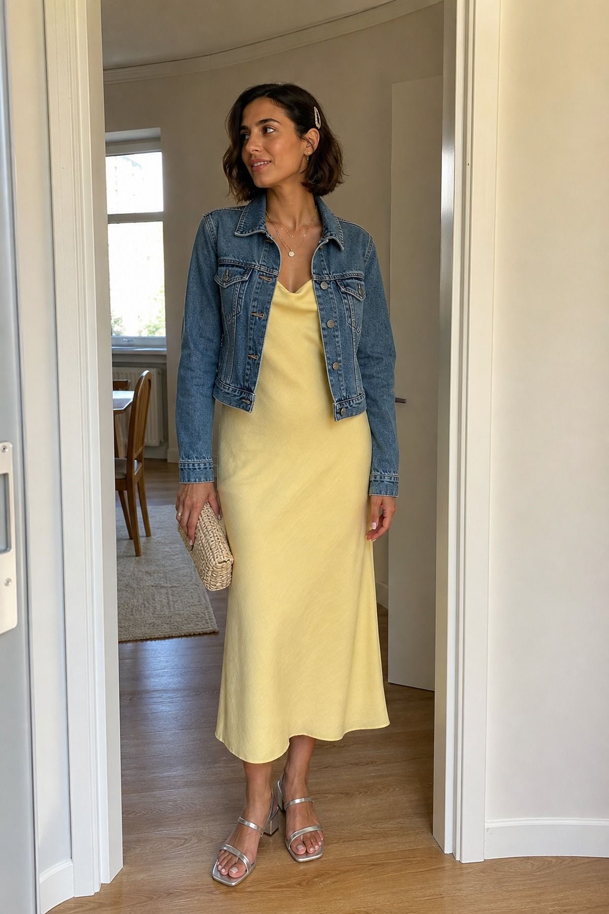Woman wearing a dress with a denim jacket, a summer dinner outfit