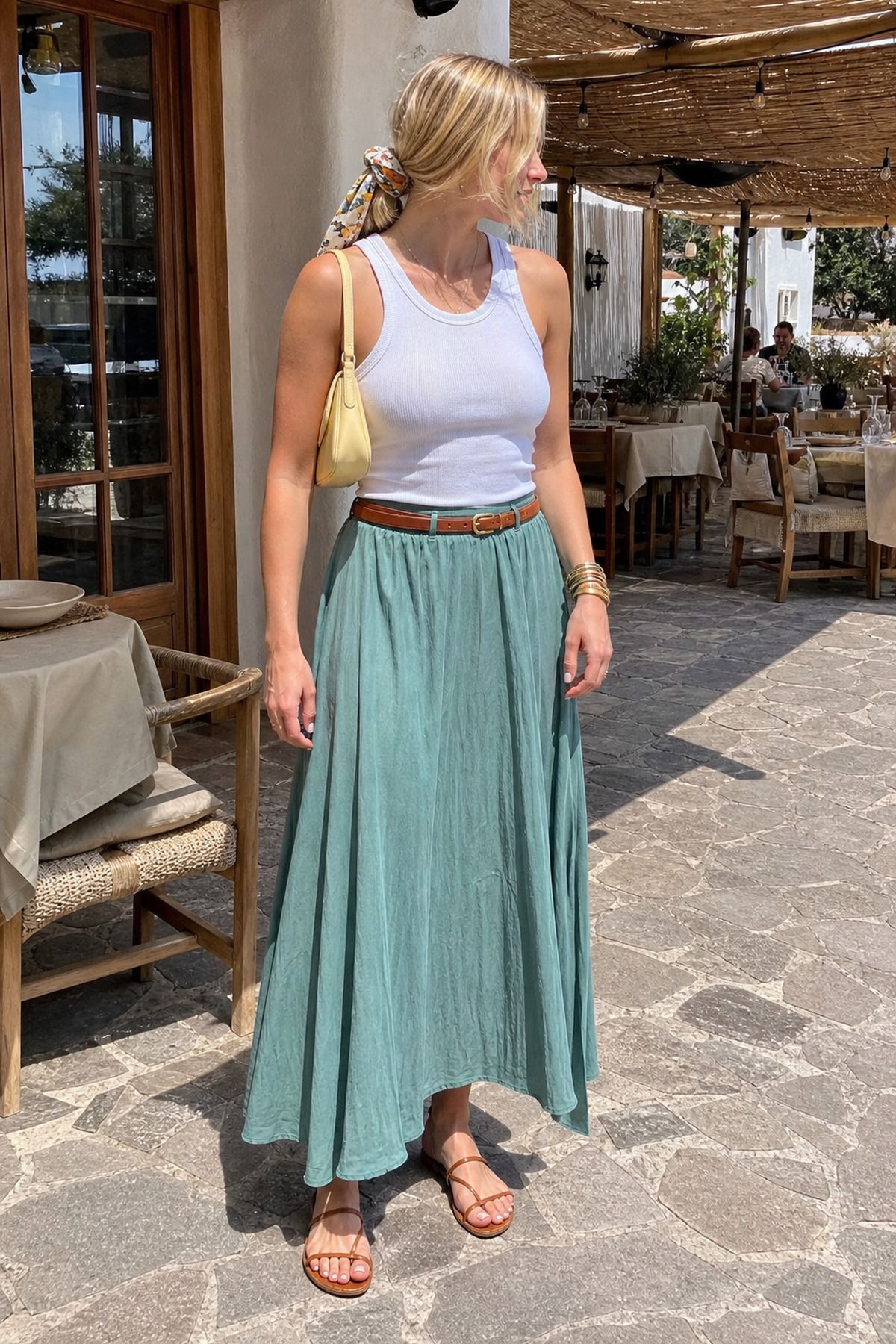 Woman wearing a maxi skirt with a tank, a summer dinner outfit