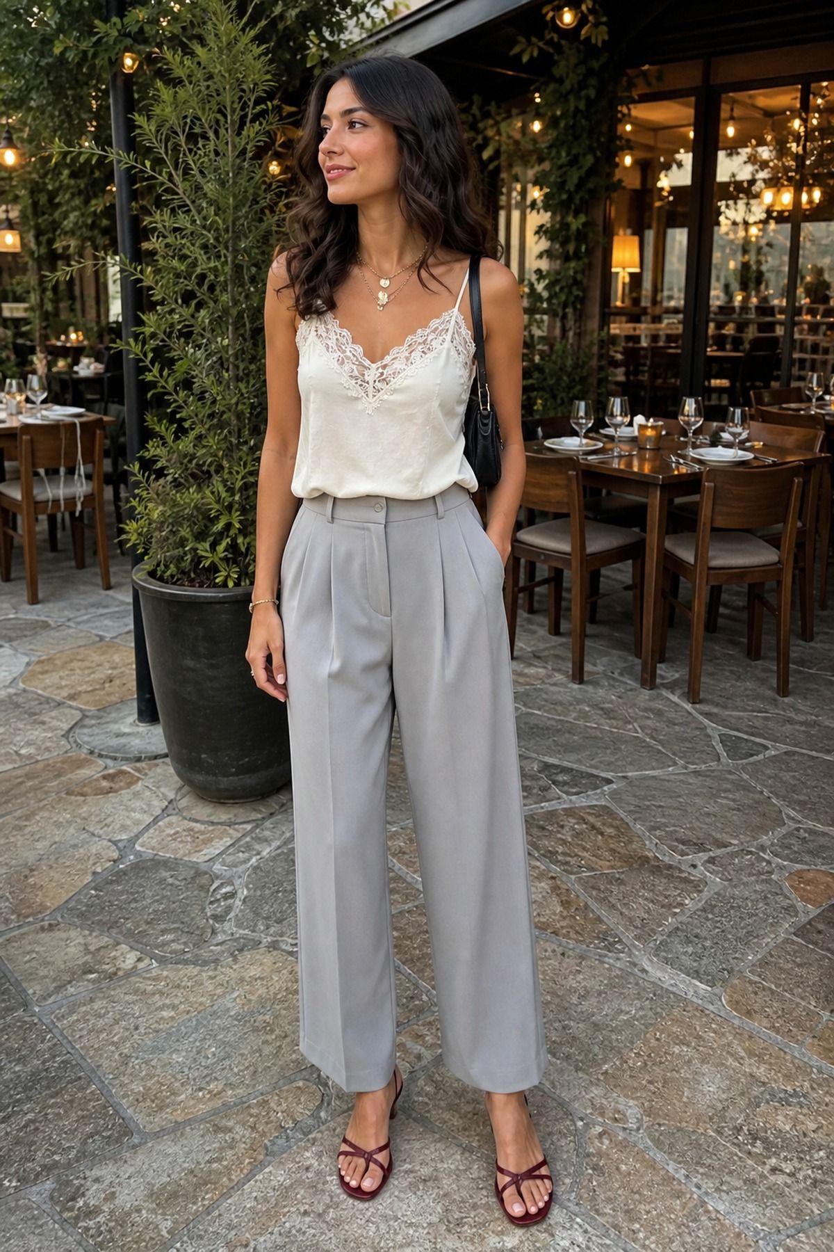 Woman wearing soft trousers with a lace tank, a summer dinner outfit