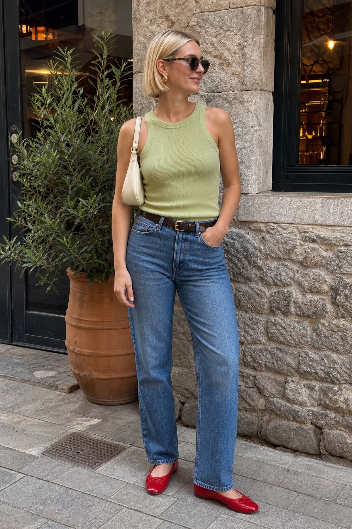 Woman wearing jeans with a sleeveless knit, a summer dinner outfit