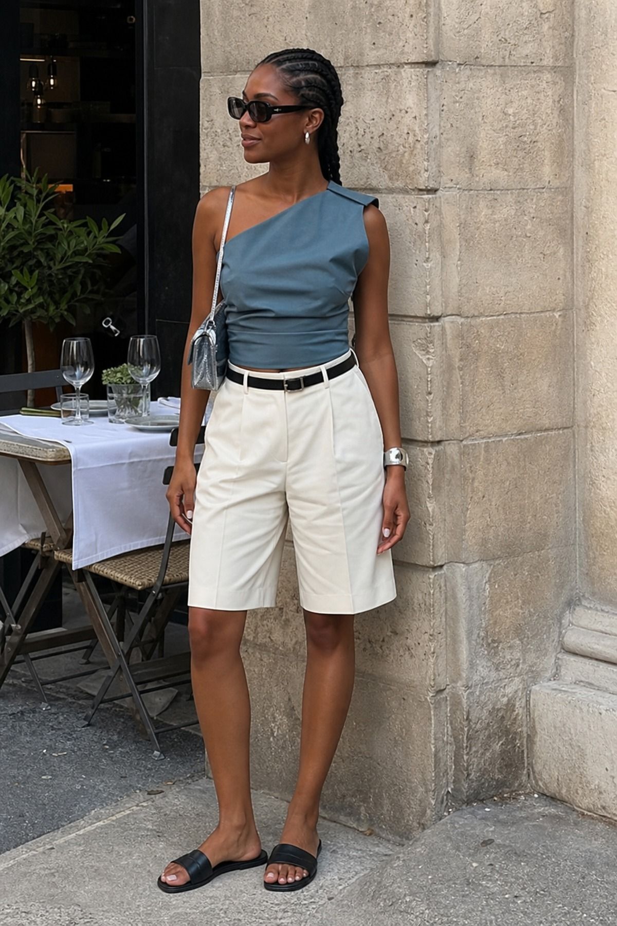 Woman wearing long shorts with a sculptural top, a summer dinner outfit