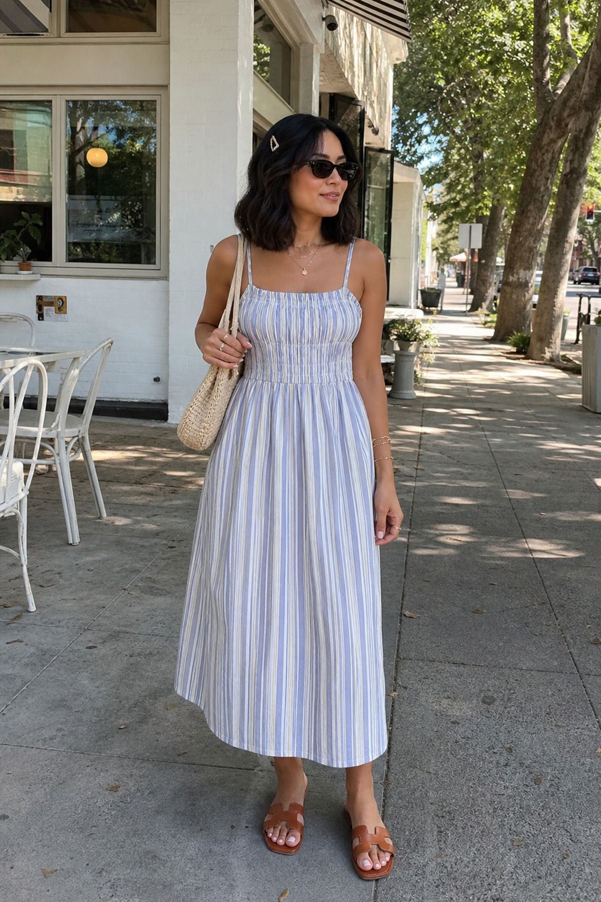 Woman in a blue and white striped smocked midi sundress with thin straps, brown flat slide sandals and a straw shoulder bag on a cafe sidewalk