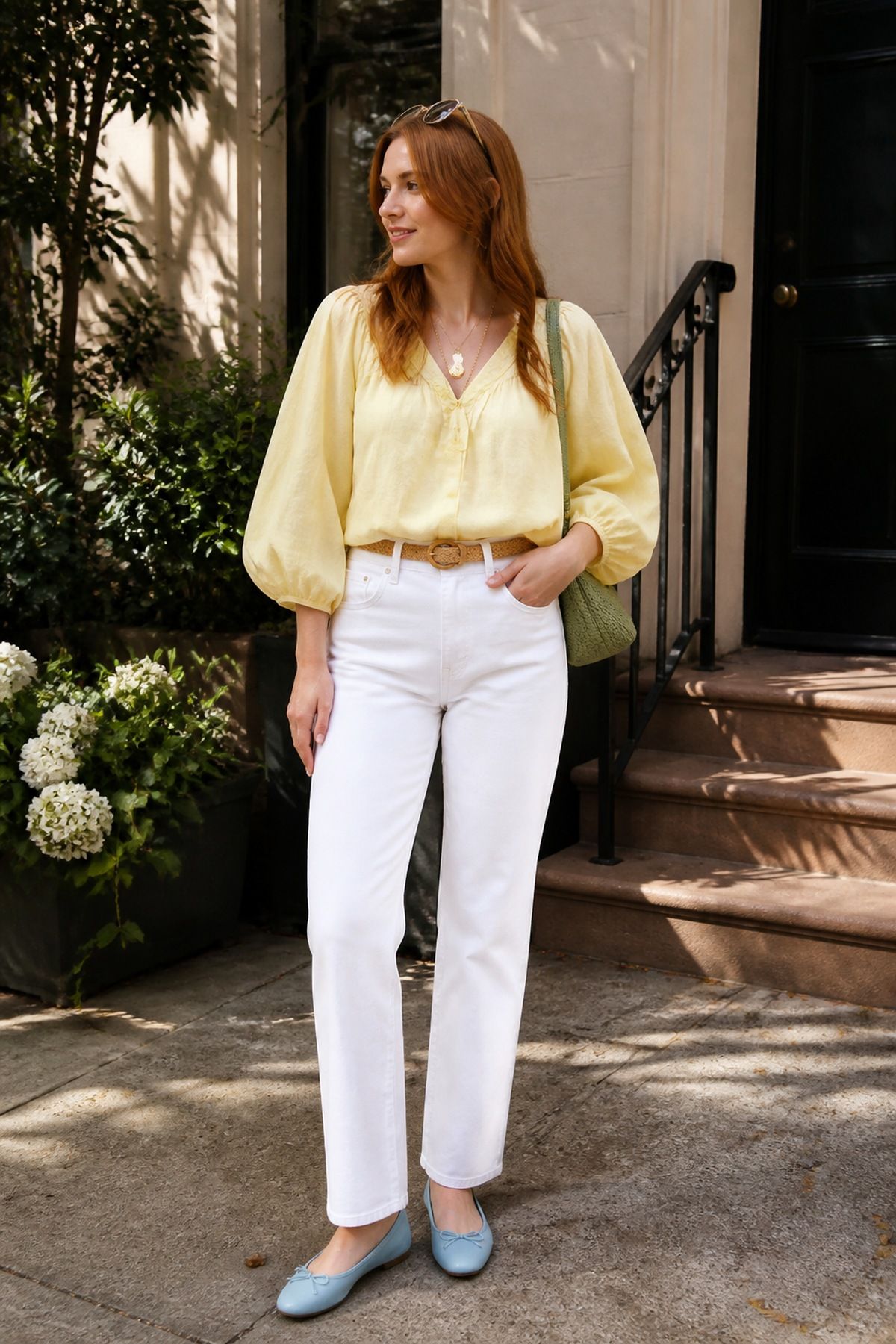 Woman in a pale yellow billowy blouse with balloon sleeves, white straight jeans and light blue ballet flats by townhouse steps with hydrangeas