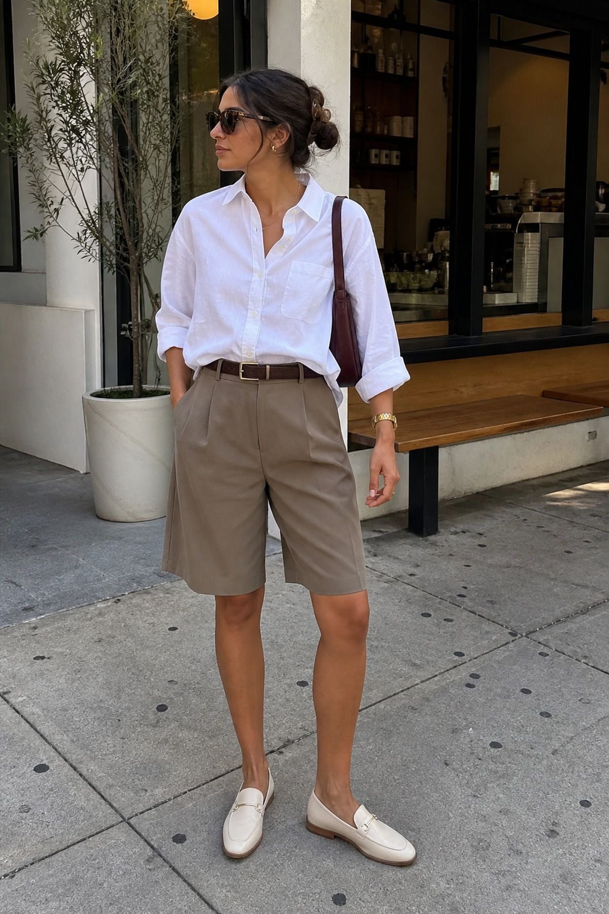 Woman in a white button-down shirt, khaki long tailored shorts, a brown belt and cream loafers with a brown shoulder bag on a city sidewalk