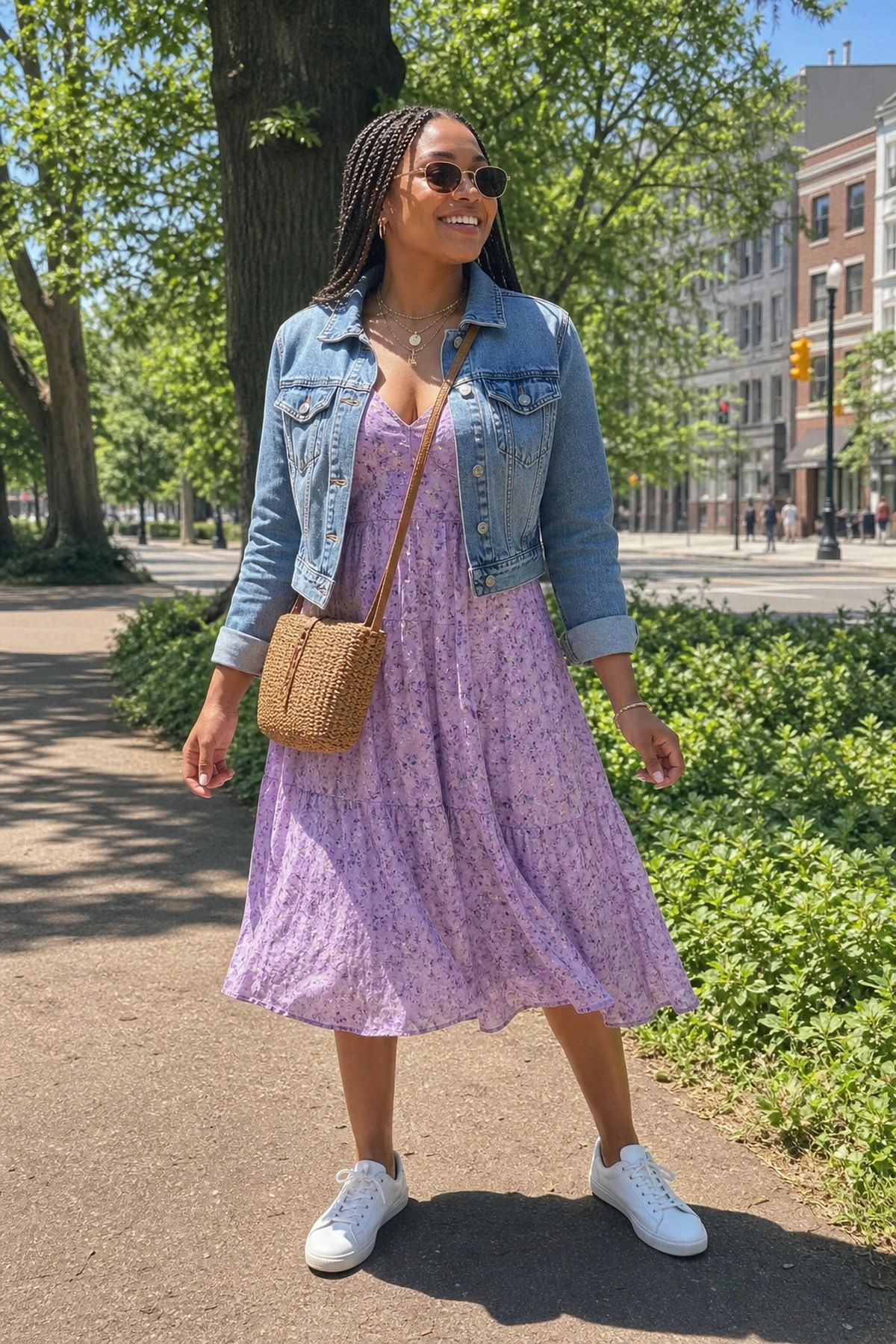 Woman in a lilac floral midi dress with a light-wash denim jacket, white sneakers and a round woven straw crossbody bag in a park