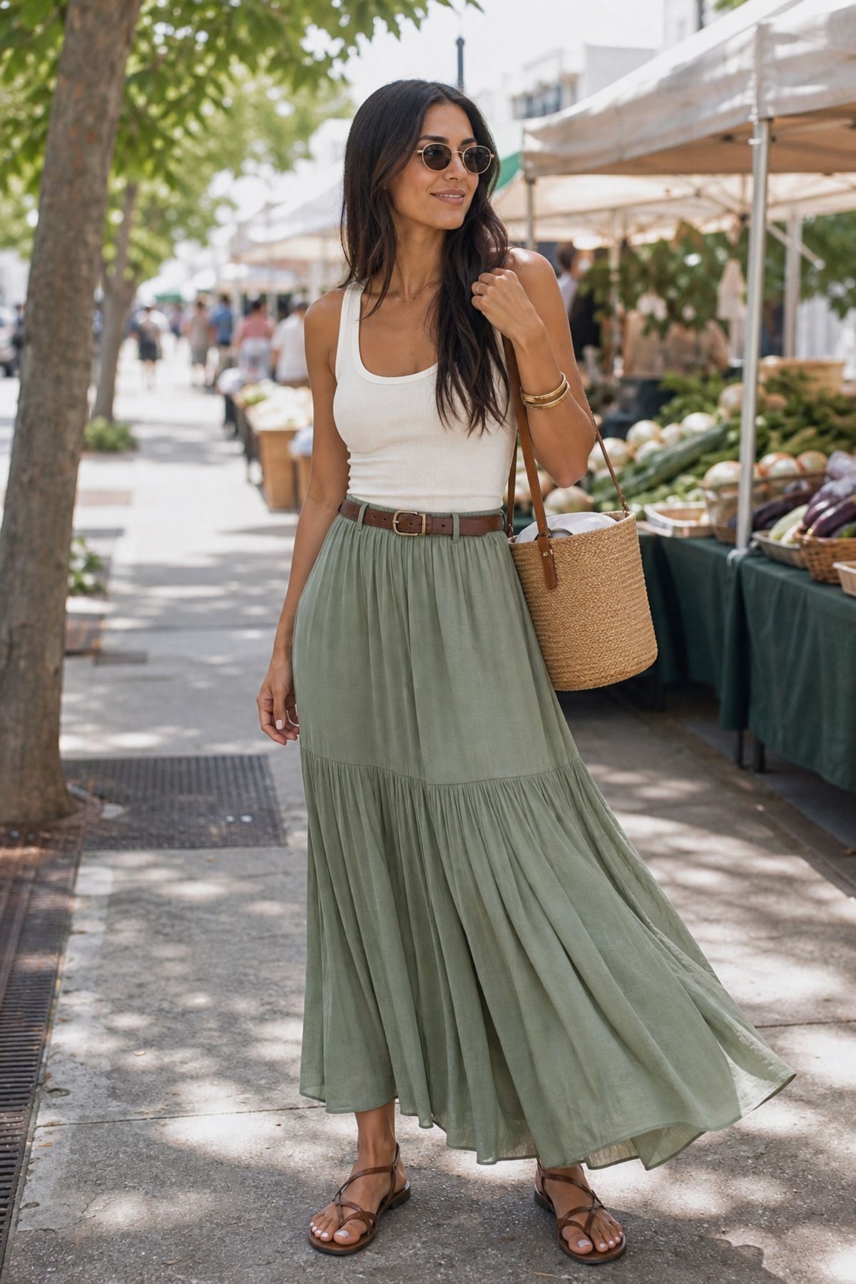 Woman in a white tank, a sage green tiered maxi skirt, a brown belt and brown sandals with a straw bag at a farmers market