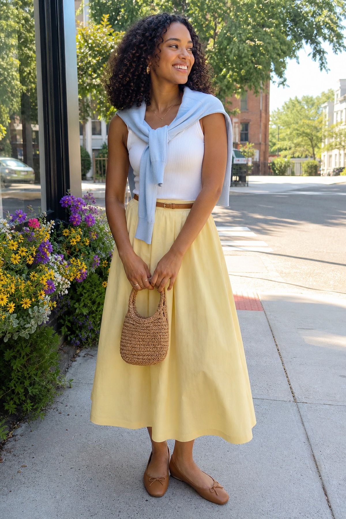 Woman in a white ribbed tank with a light blue sweater tied over her shoulders, a pale yellow full midi cotton skirt and tan flats