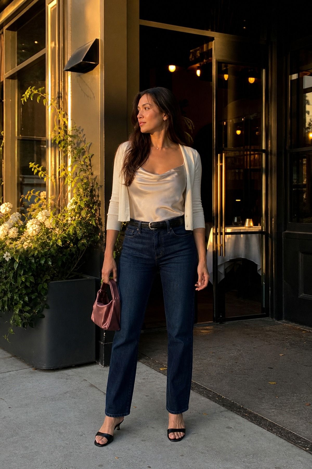 Woman wearing jeans with a silk cami, a summer jeans outfit