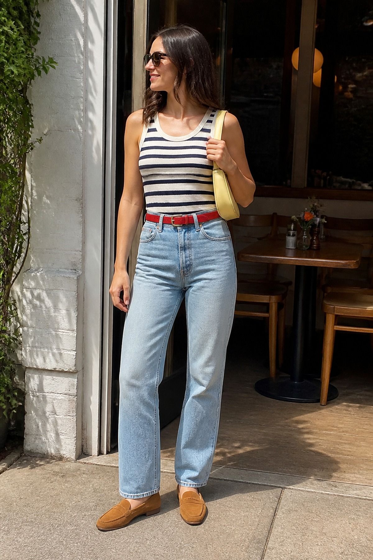 Woman wearing jeans with a striped tank, a summer jeans outfit