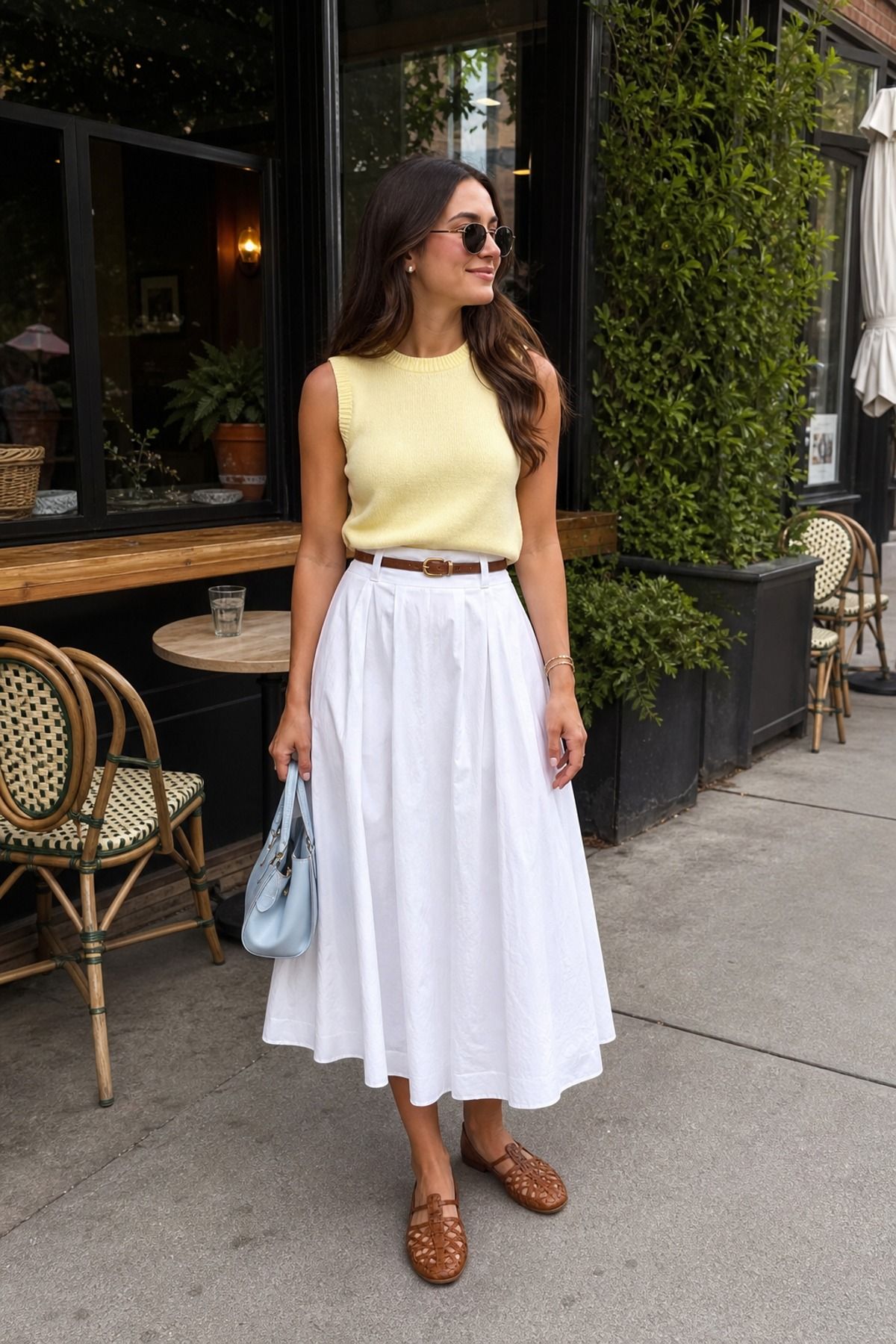 Woman wearing a poplin skirt with a sleeveless sweater, a summer outfit