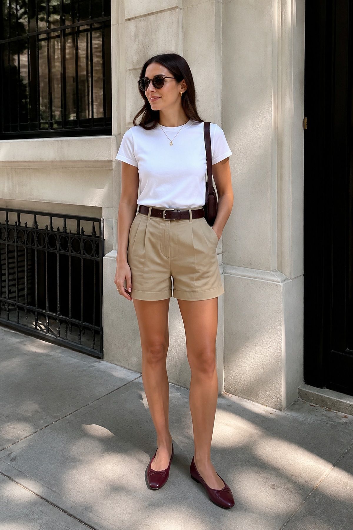Woman wearing khaki shorts with a white tee, a summer shorts outfit