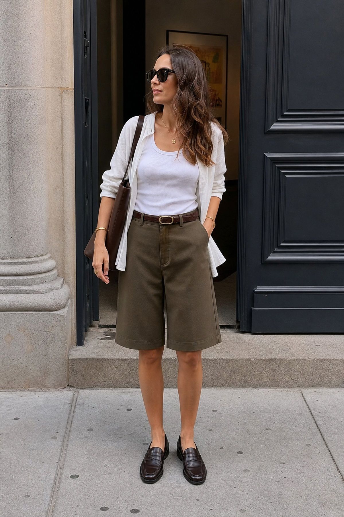 Woman wearing bermuda shorts with loafers, a summer shorts outfit