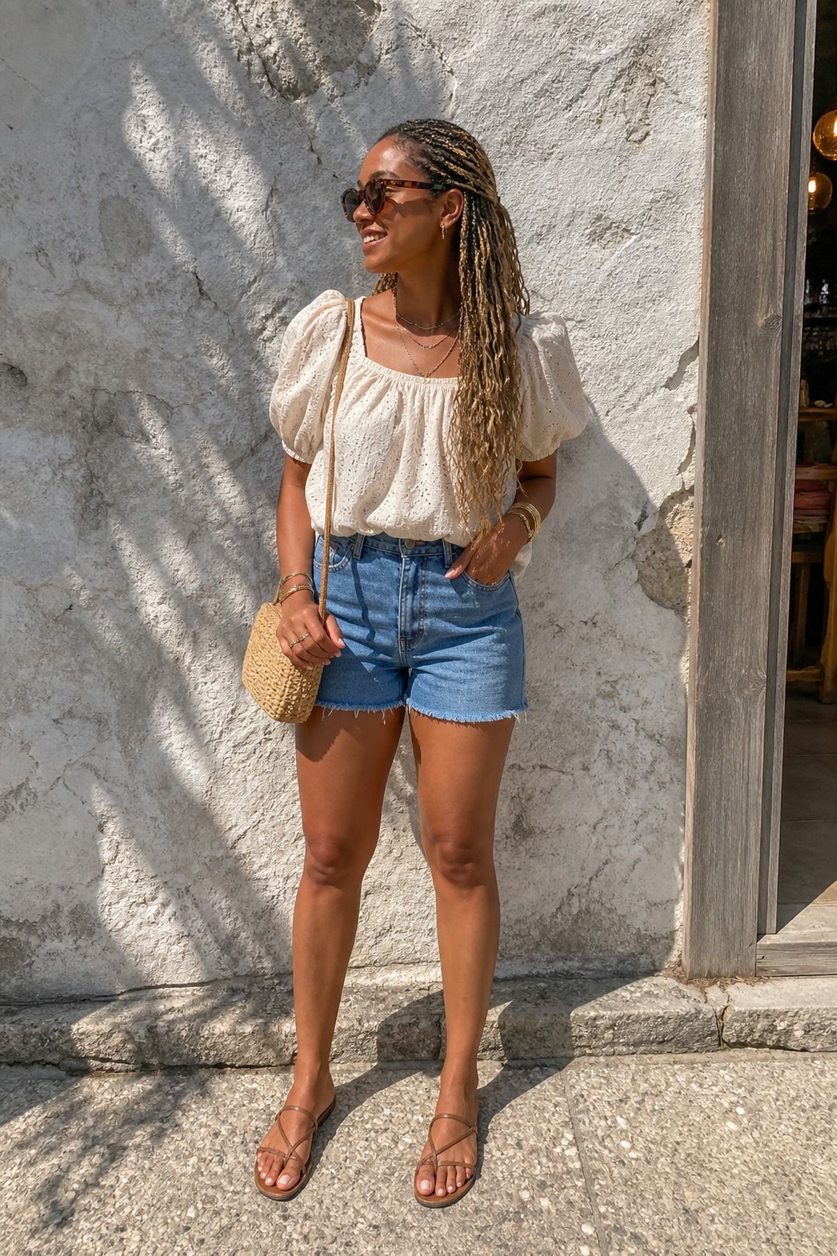 Woman wearing denim shorts with a romantic top, a summer travel outfit