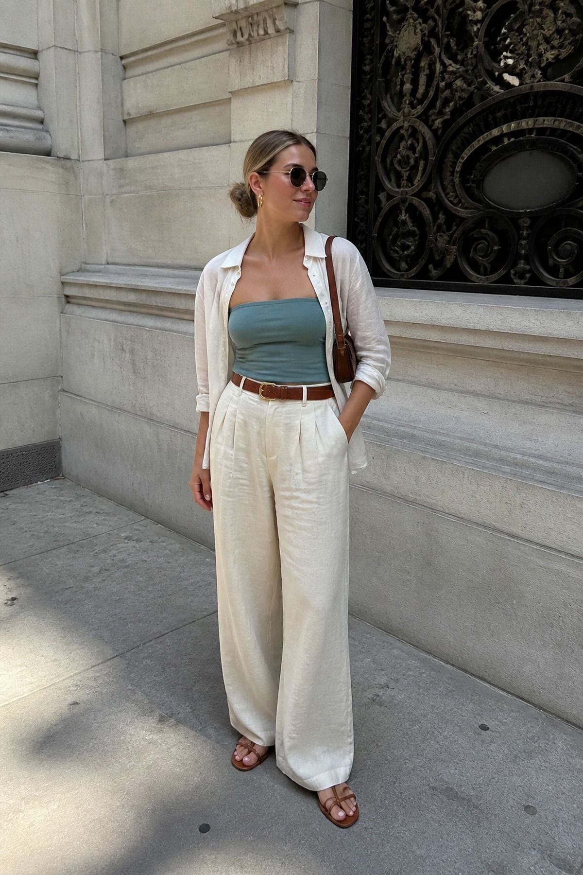 Woman wearing linen pants with a tube top, a summer travel outfit