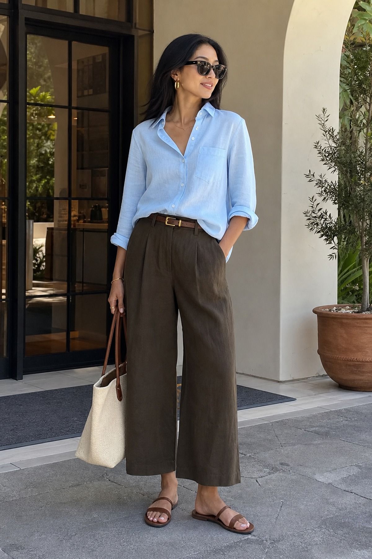 Woman wearing a linen shirt with wide-leg pants, a summer travel outfit
