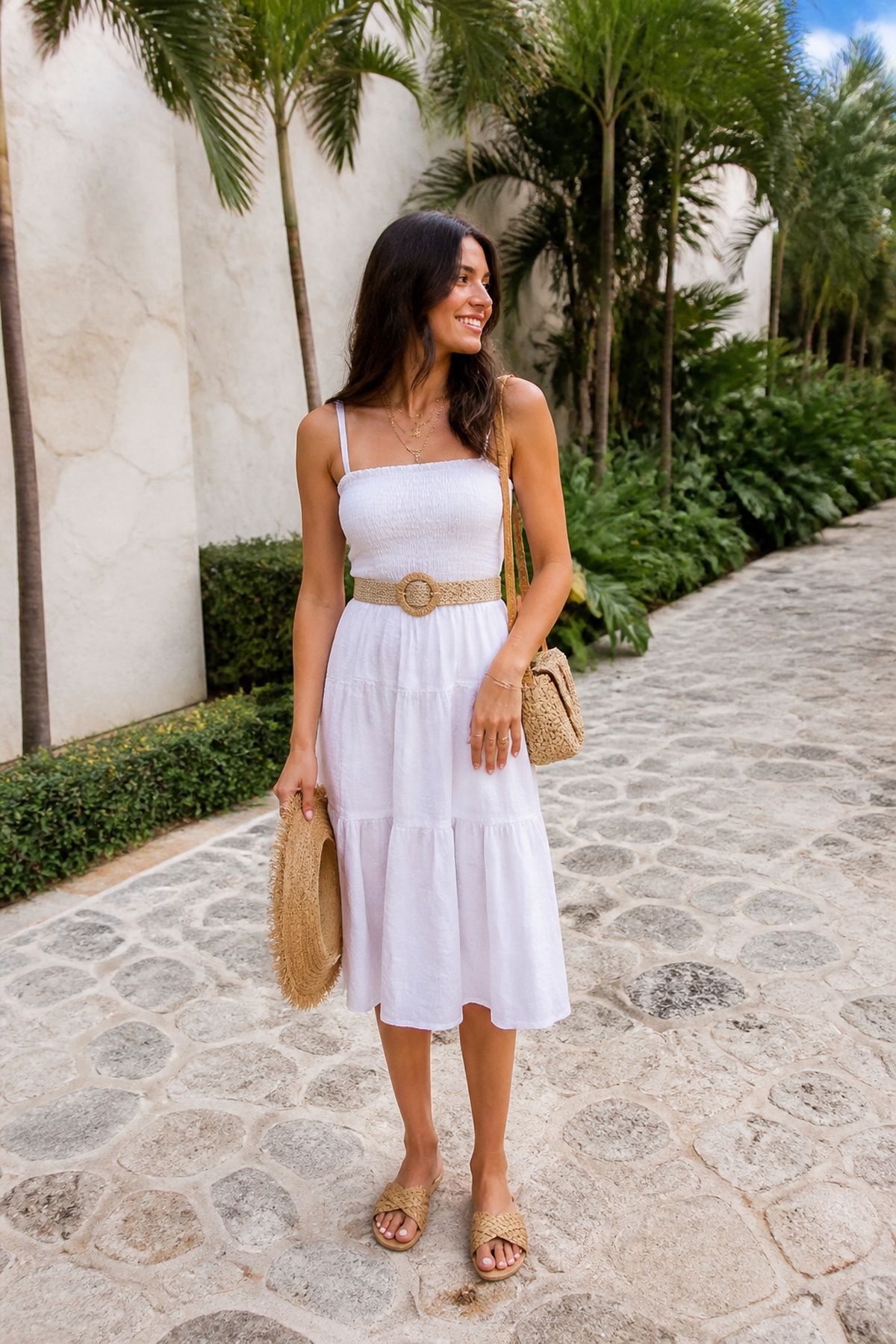 Woman wearing a white dress with raffia accessories, a summer vacation outfit