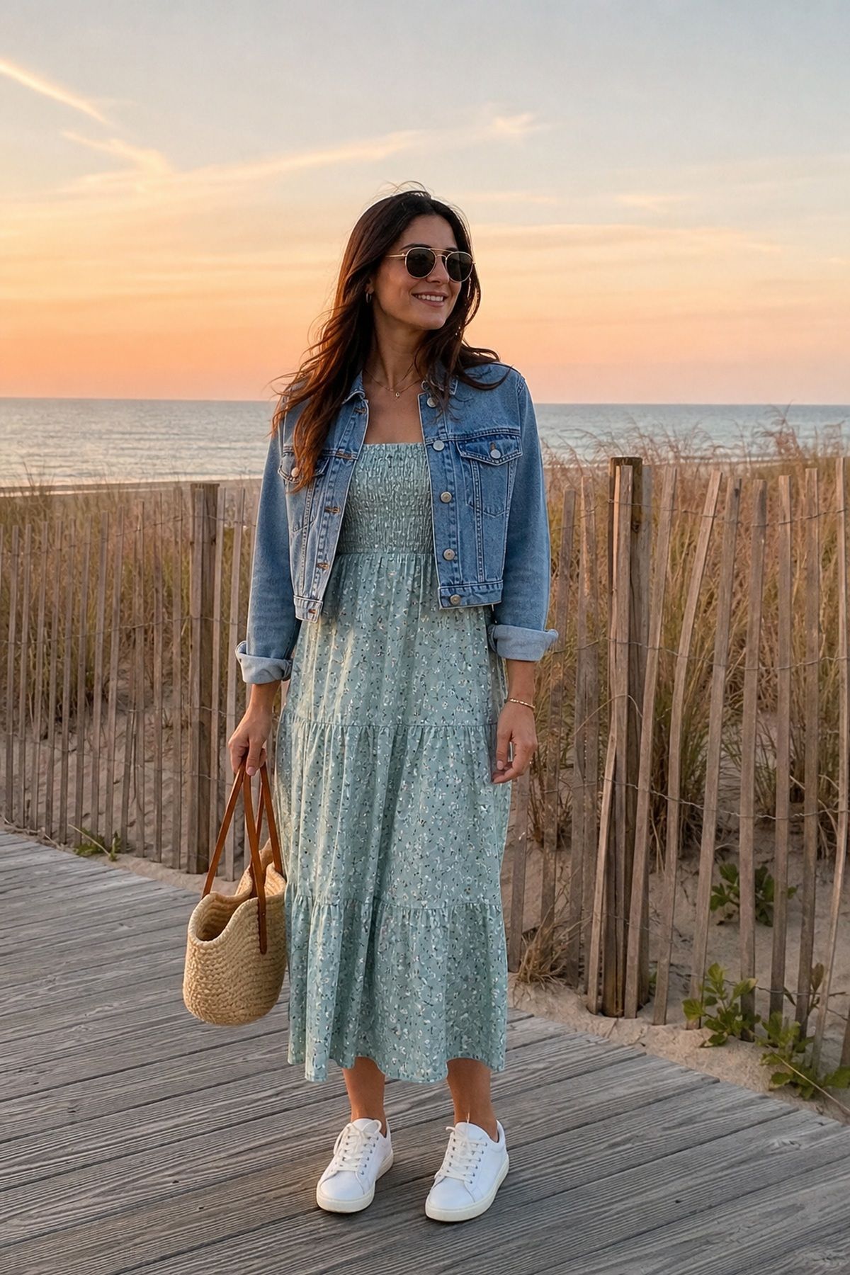 Woman wearing a dress with a denim jacket, a summer vacation outfit