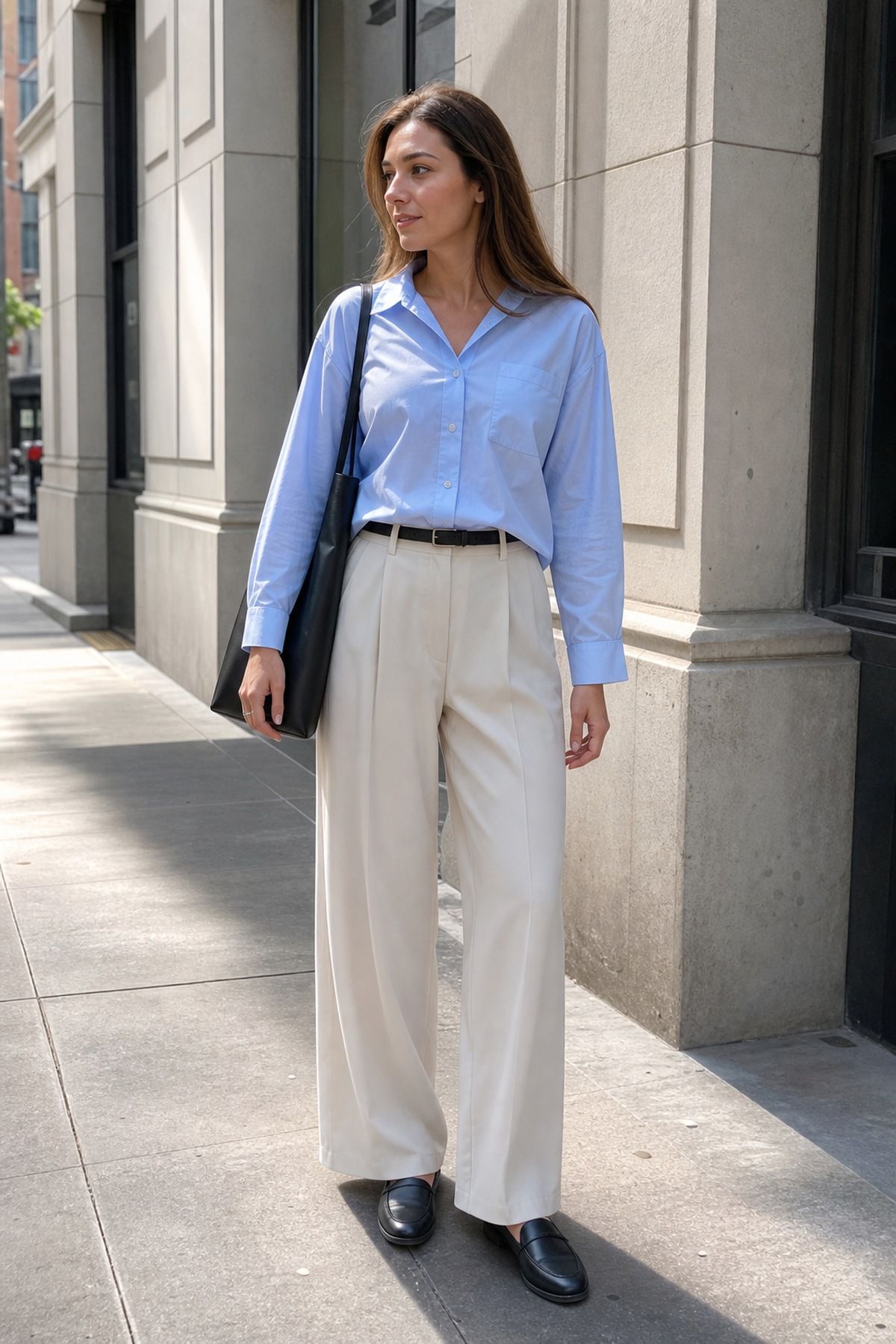 Woman in a pale blue oversized cotton shirt tucked into cream wide-leg trousers with a black belt, black loafers and a black tote