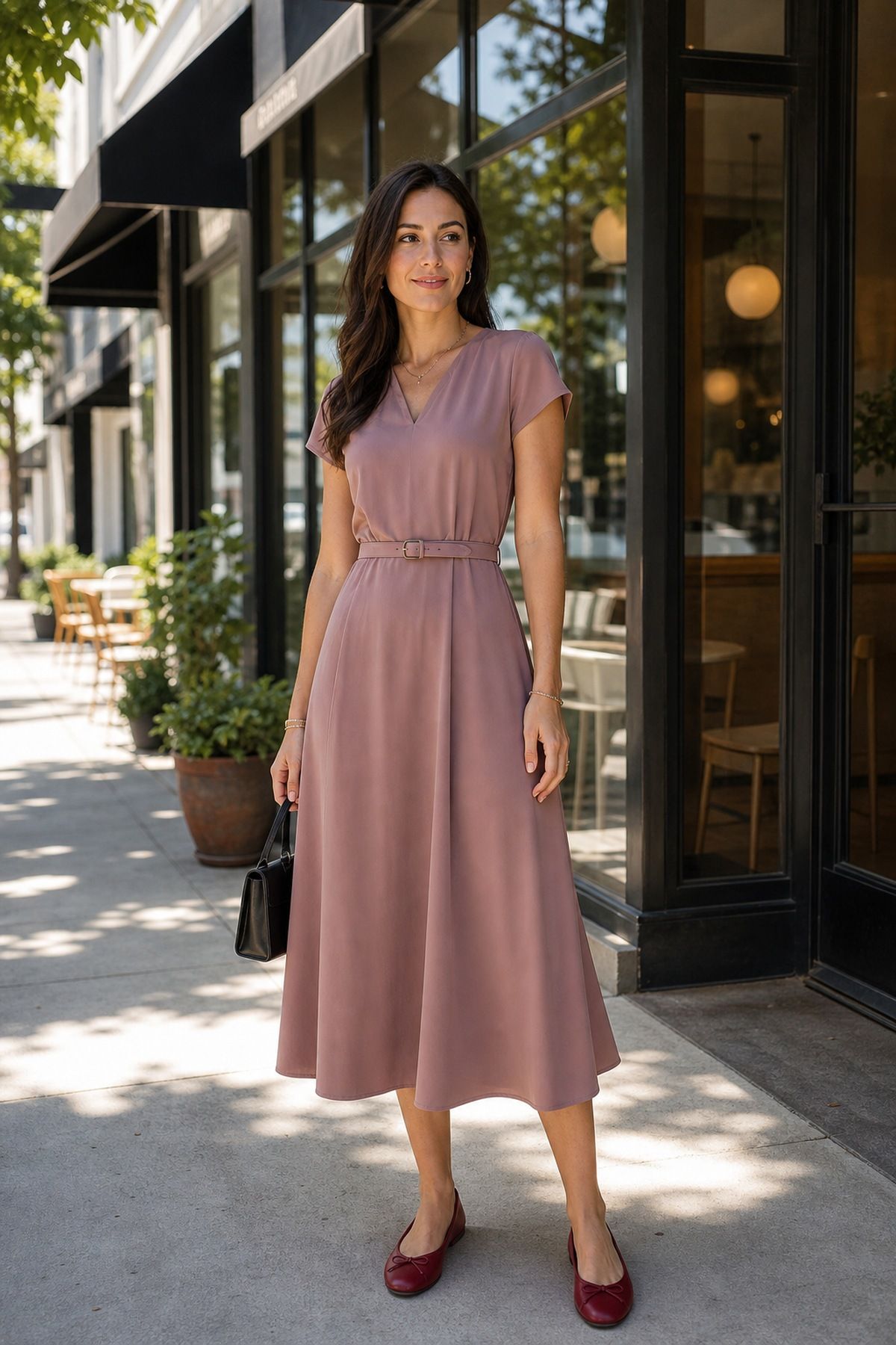Woman in a dusty rose short-sleeve V-neck midi dress with a thin belt, burgundy ballet flats and a black bag on a cafe street