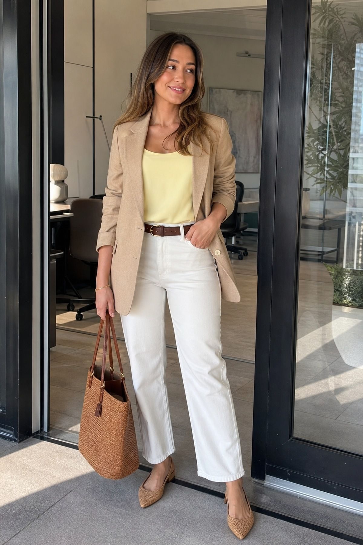 Woman in a tan linen blazer over a pale yellow tank with white jeans, a brown belt, nude pointed flats and a woven straw tote