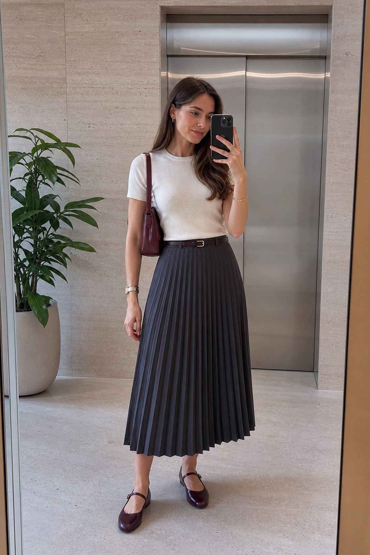 Mirror selfie by an elevator of a woman in a white fine knit tee, a charcoal pleated midi skirt, burgundy Mary Jane flats and a burgundy bag