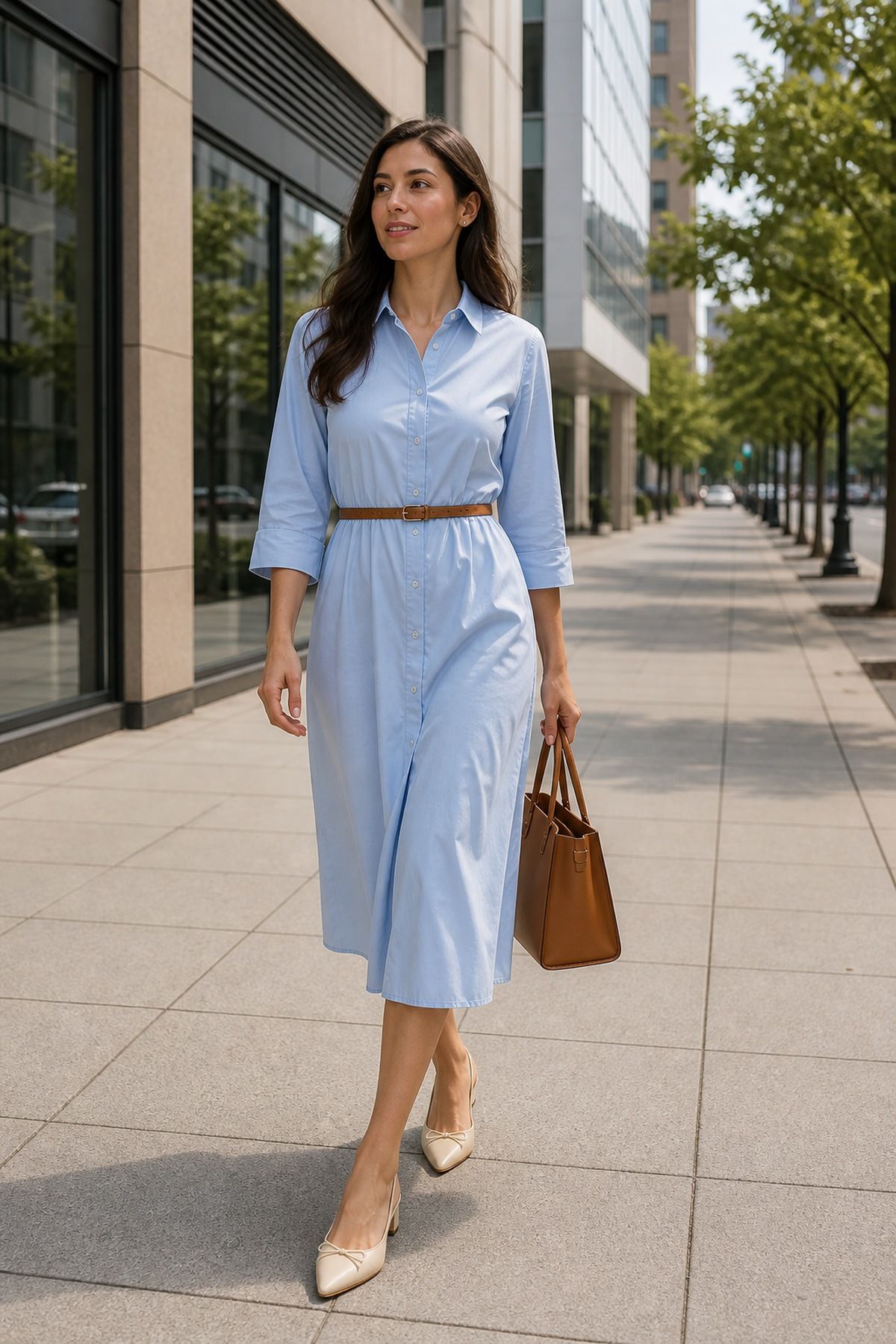 Woman in a pale blue poplin shirt dress with a thin brown belt, cream slingback kitten heels and a tan tote on a tree-lined street