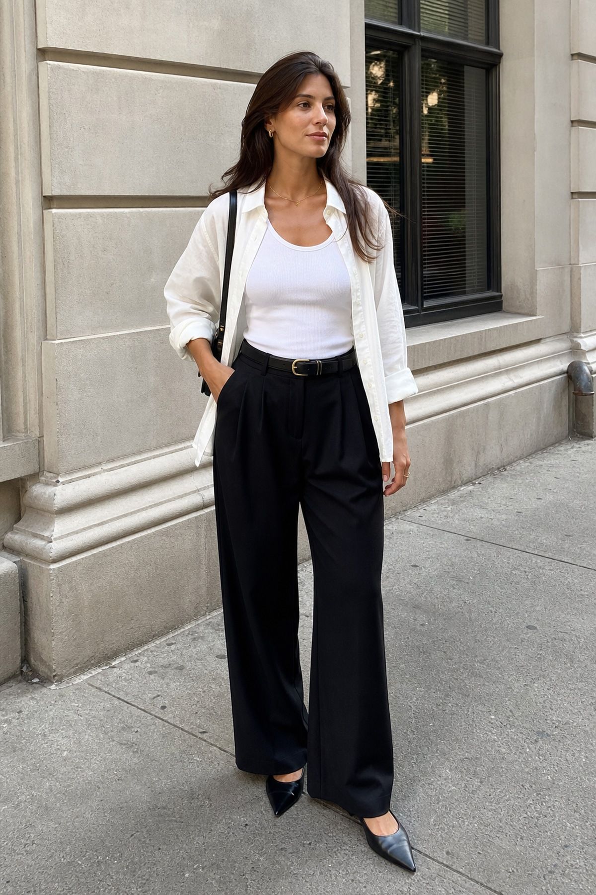 Woman in an open white shirt over a white tank with black wide-leg trousers, a black belt, black pointed flats and a black bag