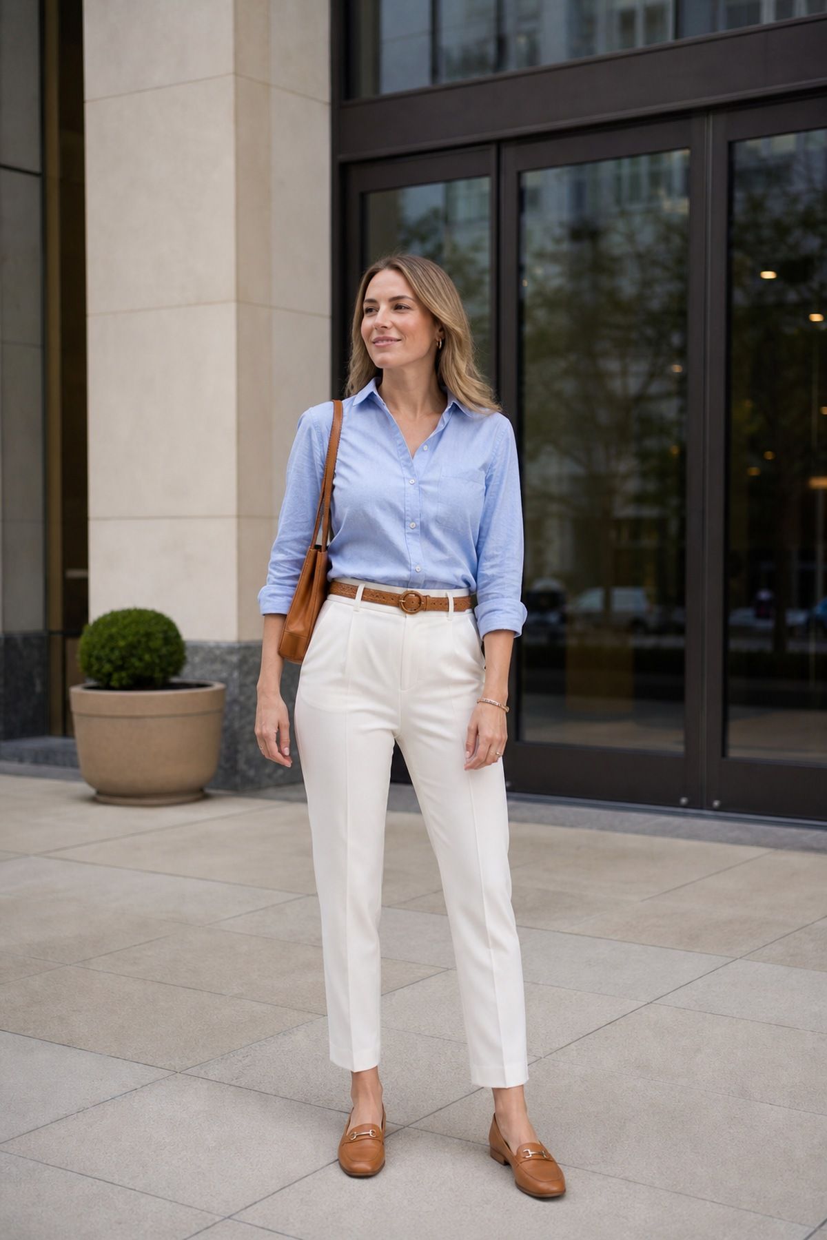 Woman in a light blue button-down shirt tucked into white slim cropped trousers with a brown belt, tan loafers and a cognac bag
