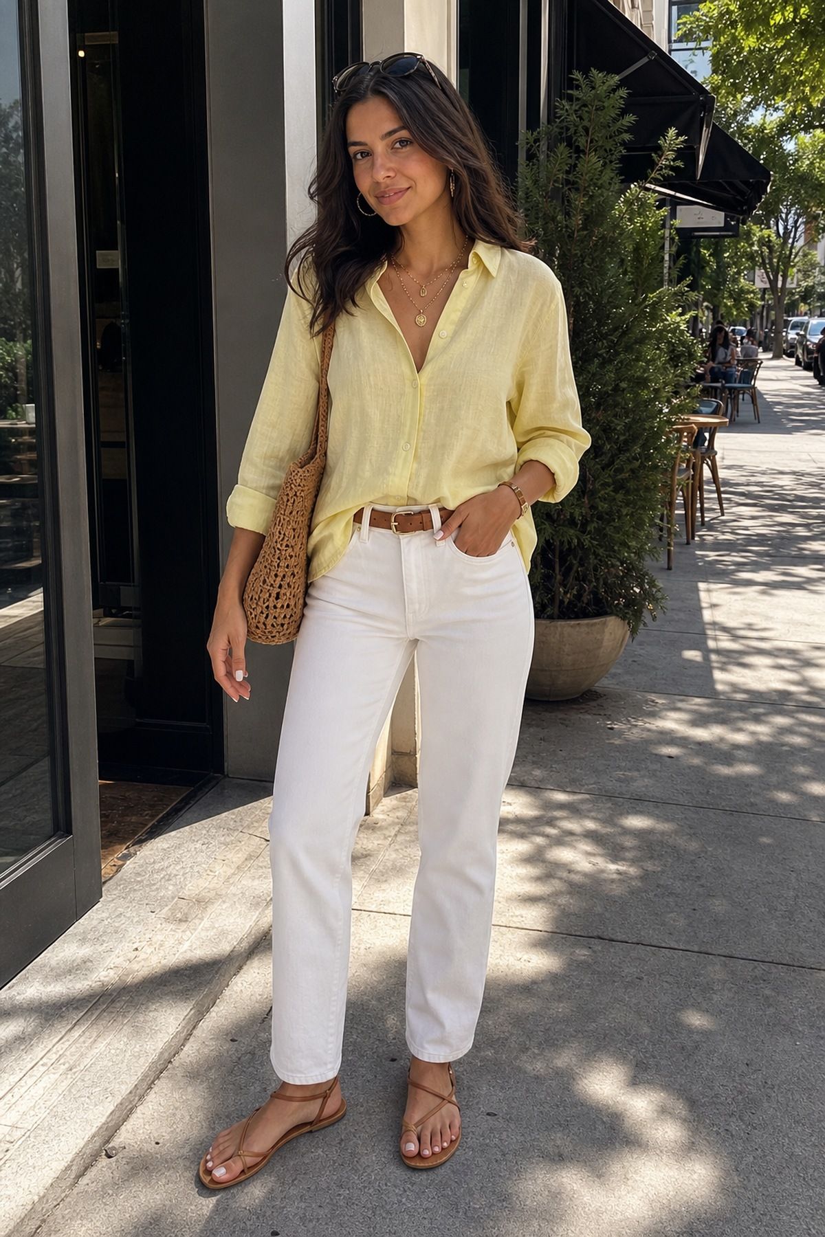 Woman wearing white jeans with a linen button down white jeans