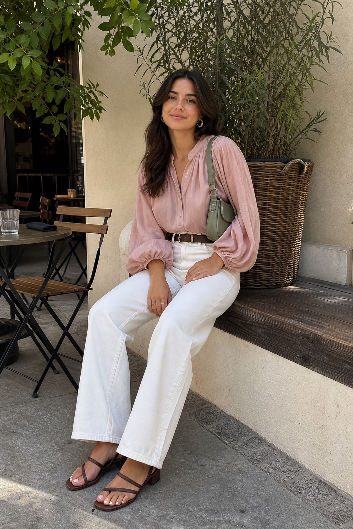 Woman wearing white jeans with a billowy blouse white jeans