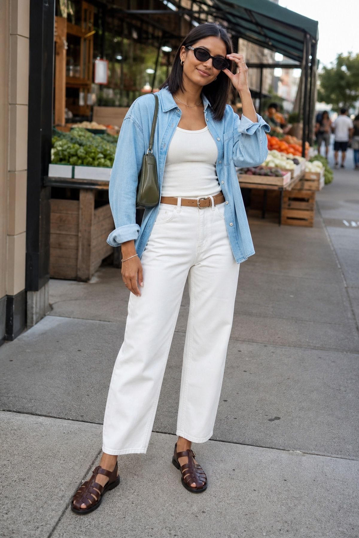 Woman wearing white jeans with a denim shirt white jeans