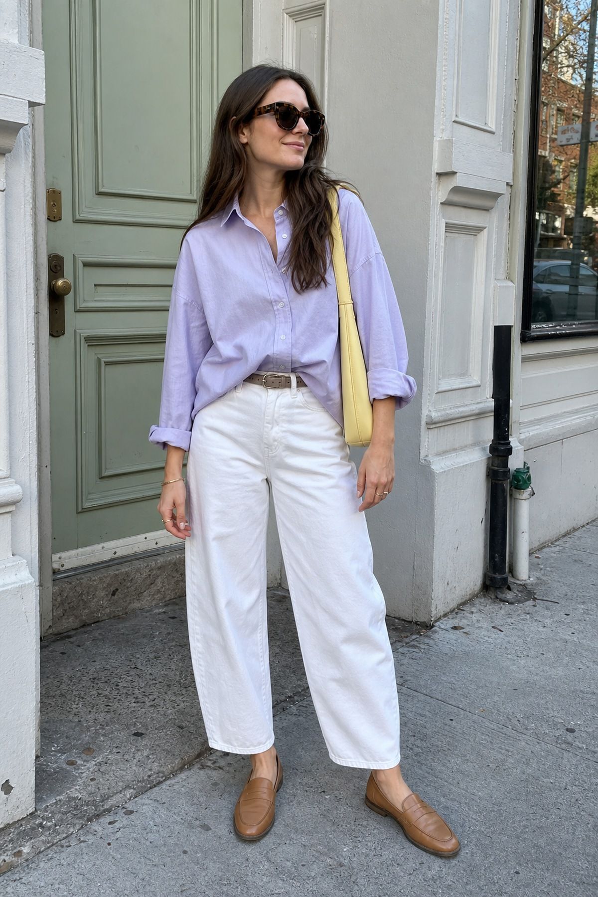 Woman wearing white jeans with an oversized shirt white jeans