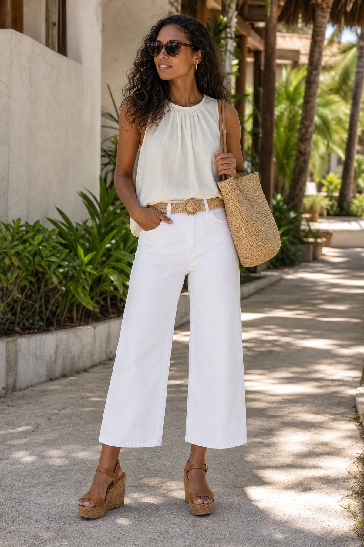 Woman wearing white jeans with wedge sandals white jeans