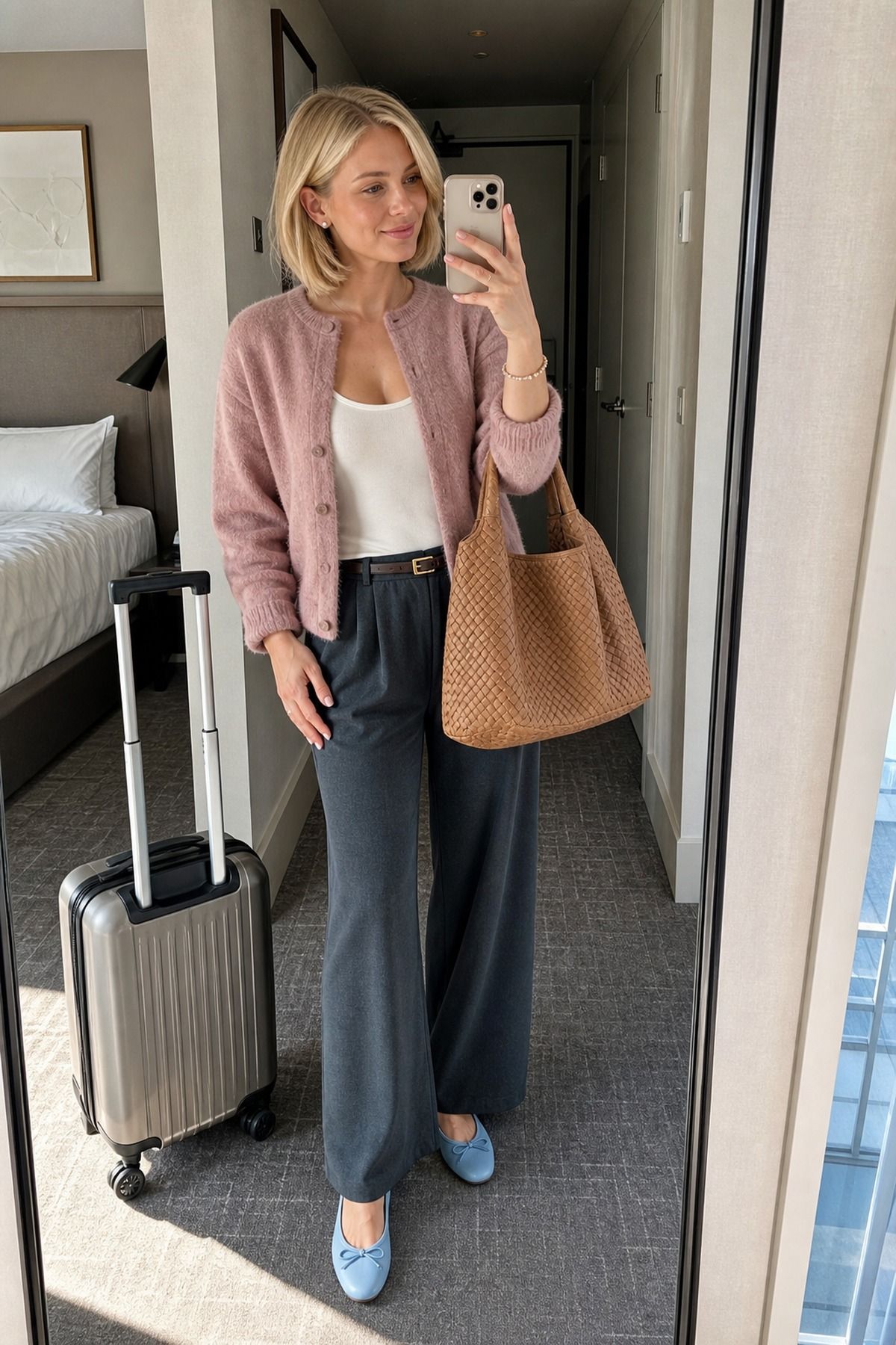 Woman wearing a cardigan with wide-leg pants, a fall airport outfit
